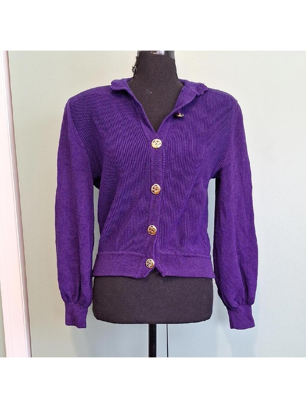 Vintage St. John Purple Padded Shoulder Button Close Sweater Size 4